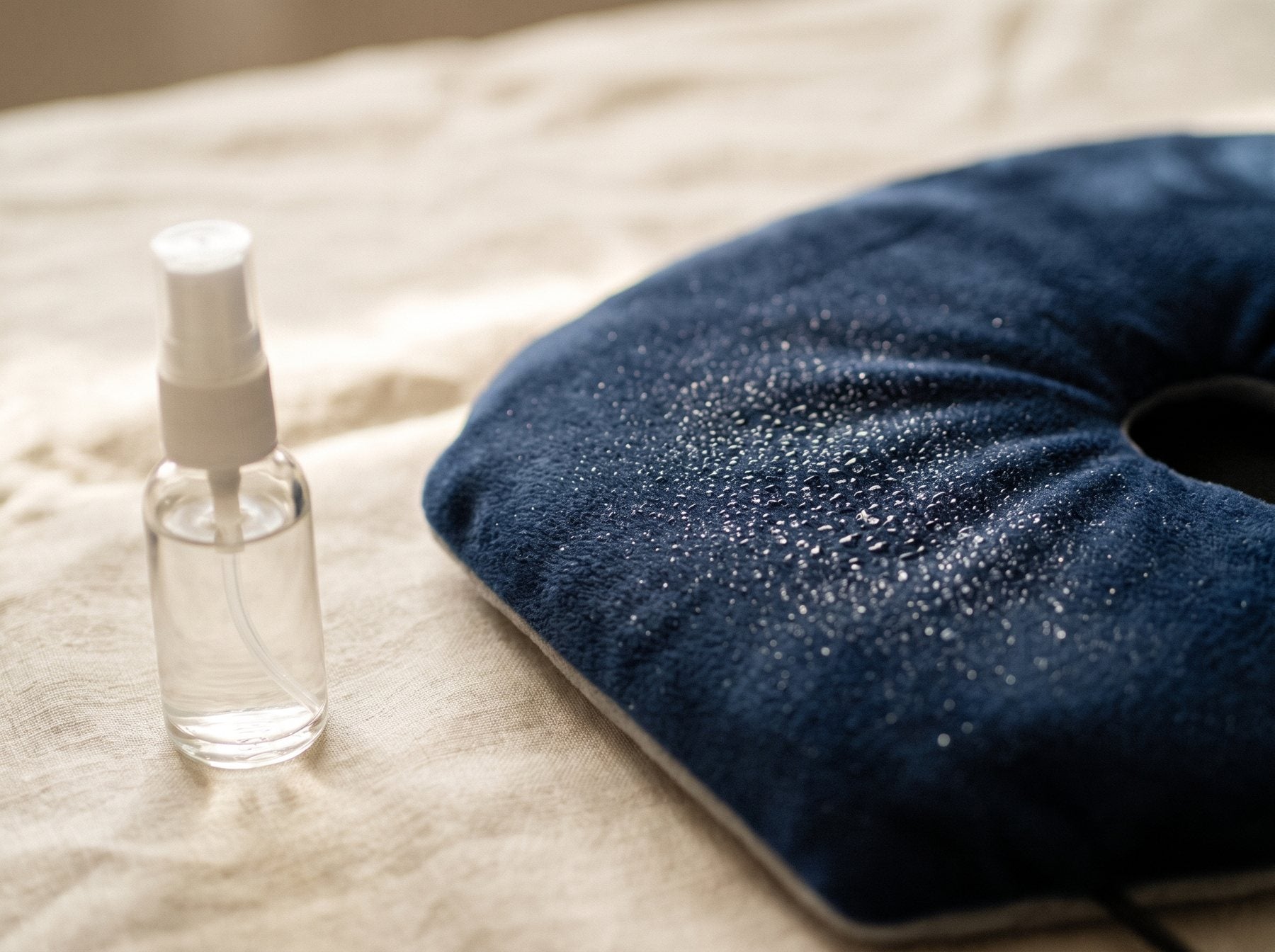 A fine mist of water droplets across the plush navy fabric of the full-face pad