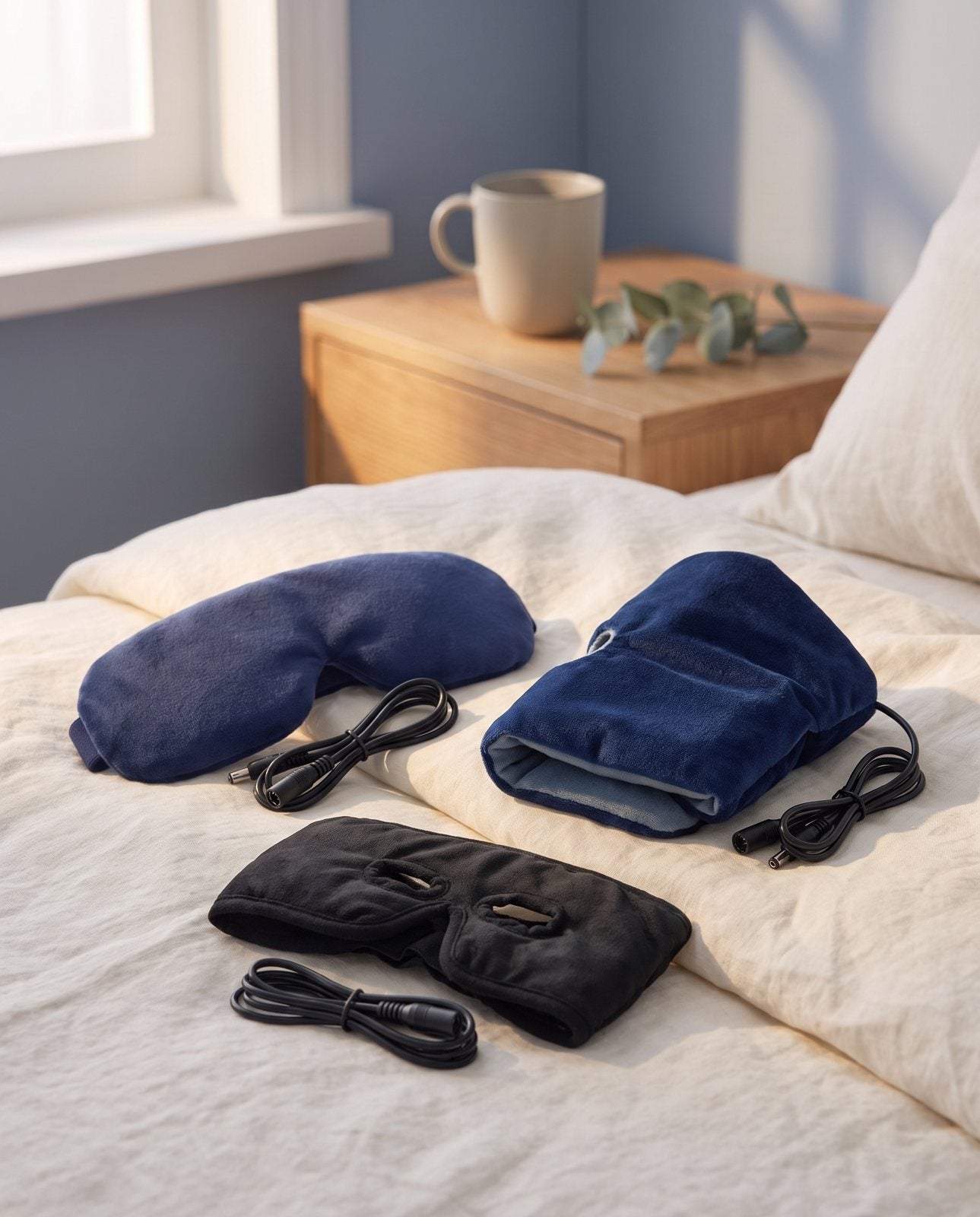 All three Restora masks laid out on a bed in morning light