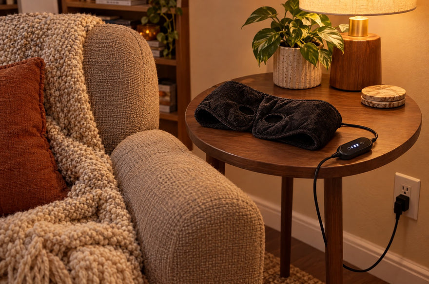 An armchair beside a side table holding the Eyes Open mask and its controller, the cord running down to a wall outlet