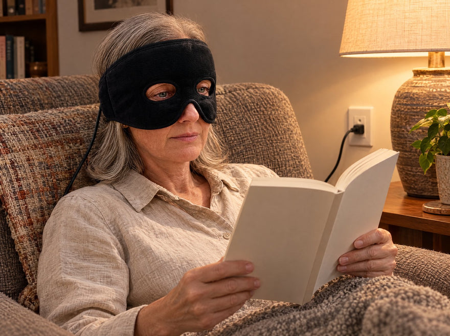 A woman reading a paperback in an armchair with the Eyes Open mask on, eyes visible through the openings, the cord running to a wall outlet