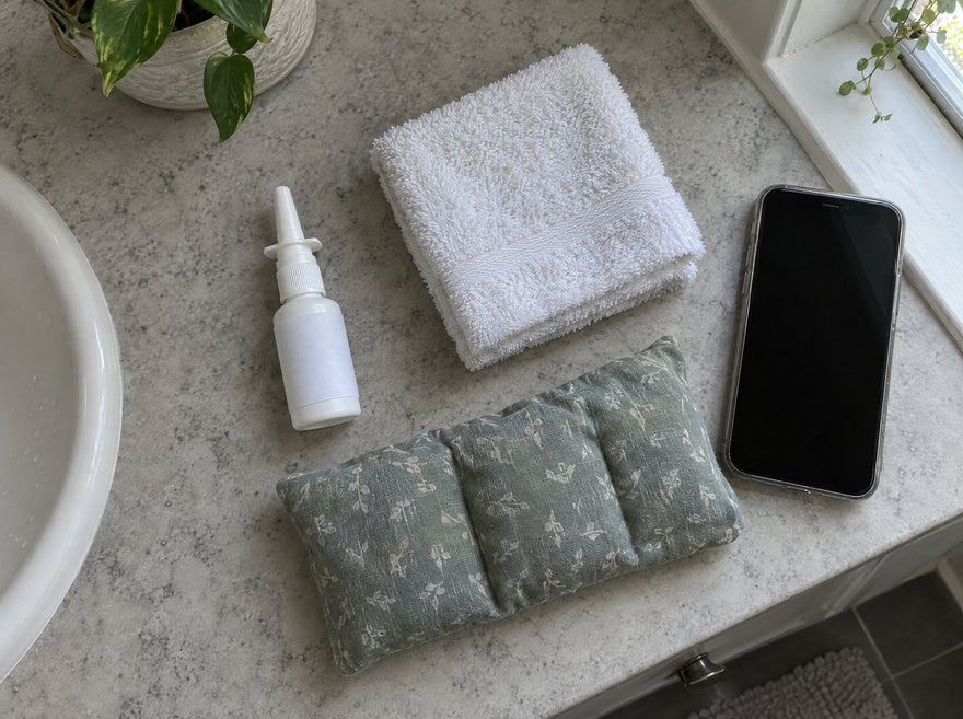 Overhead view of a nasal spray, a folded washcloth, a microwave heat pack and a phone on a bathroom counter