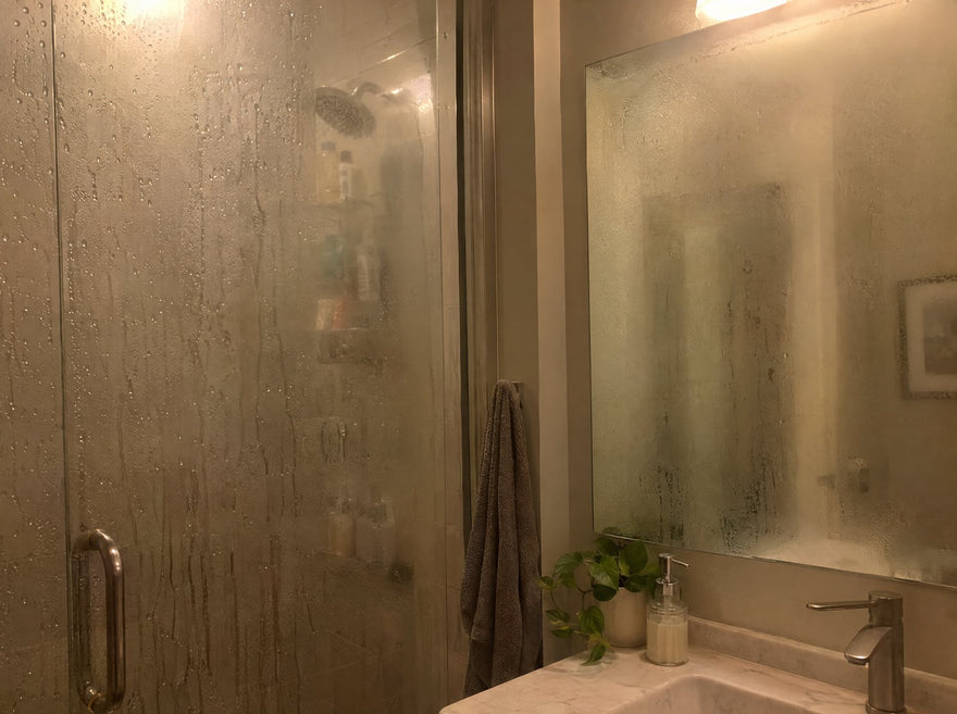 Steam fogging a glass shower door and a bathroom mirror