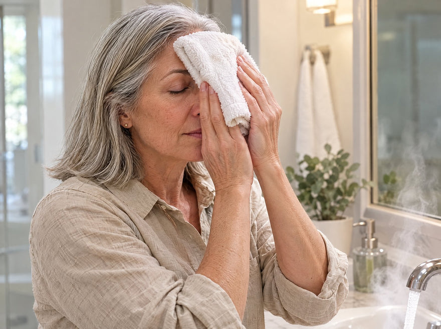 A woman at a bathroom sink, eyes closed, pressing a warm washcloth across her forehead and nose