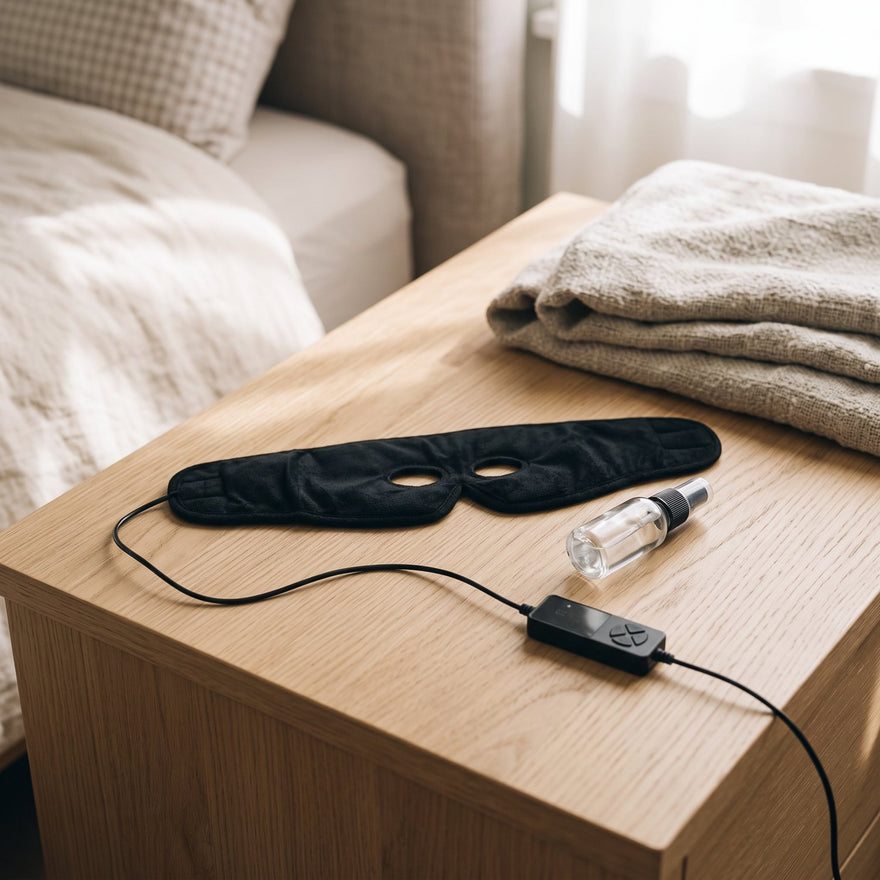 A folded towel beside the mask on a nightstand