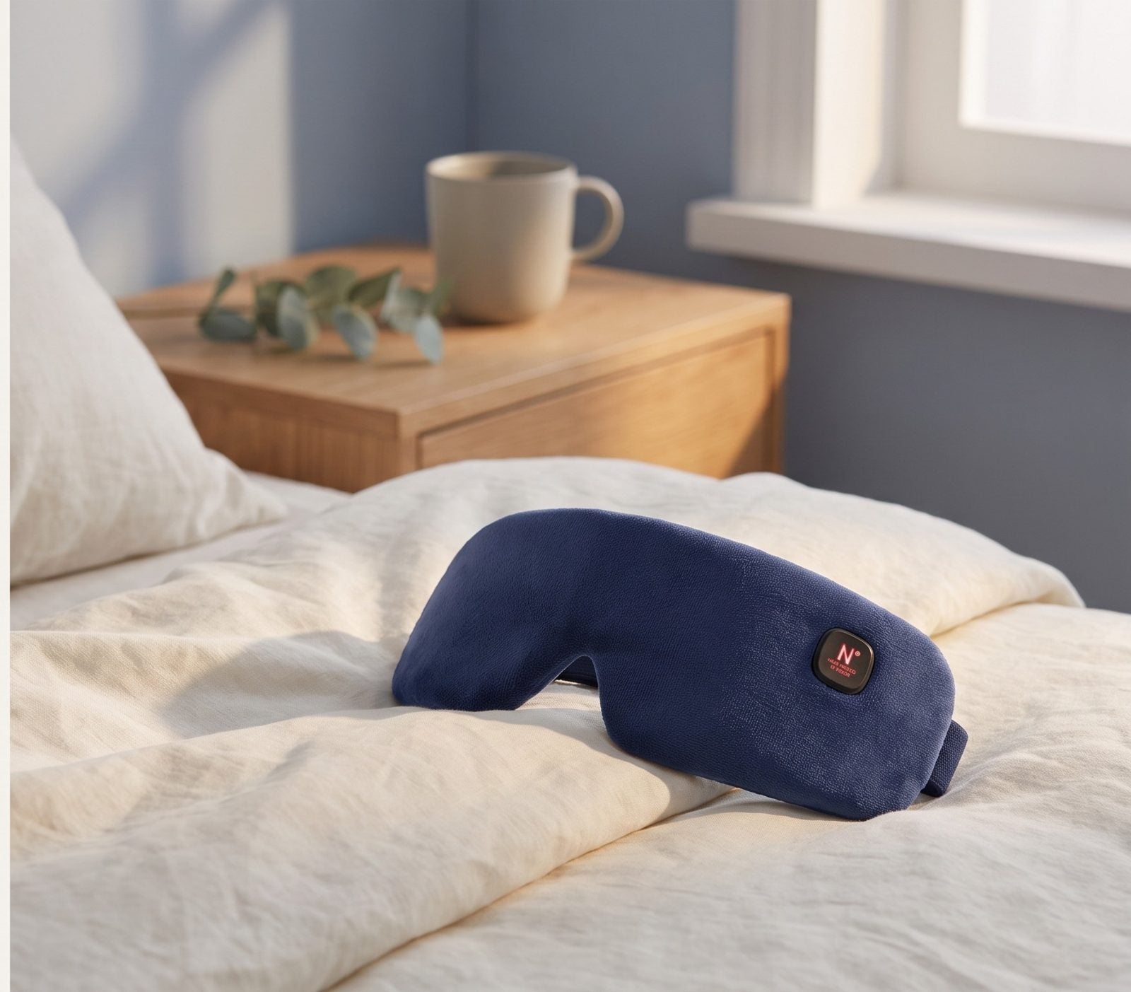 The cordless mask on linen bedding