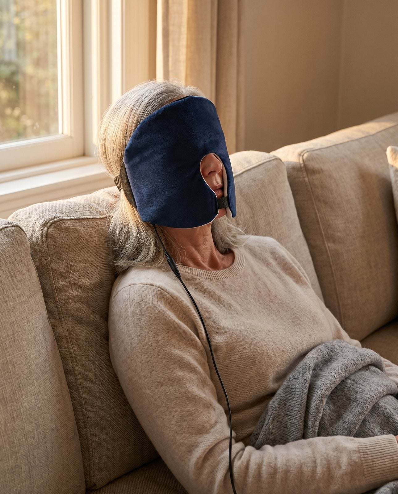 Sitting back on the sofa in the full-face heating pad