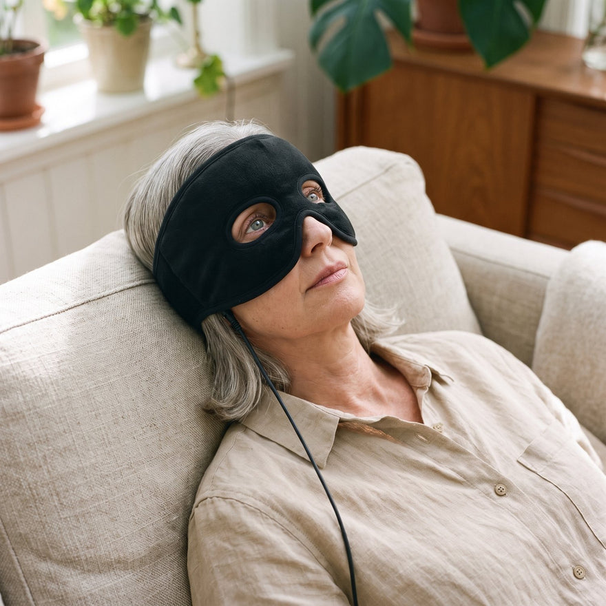 A woman lying back on a sofa wearing the heated sinus mask