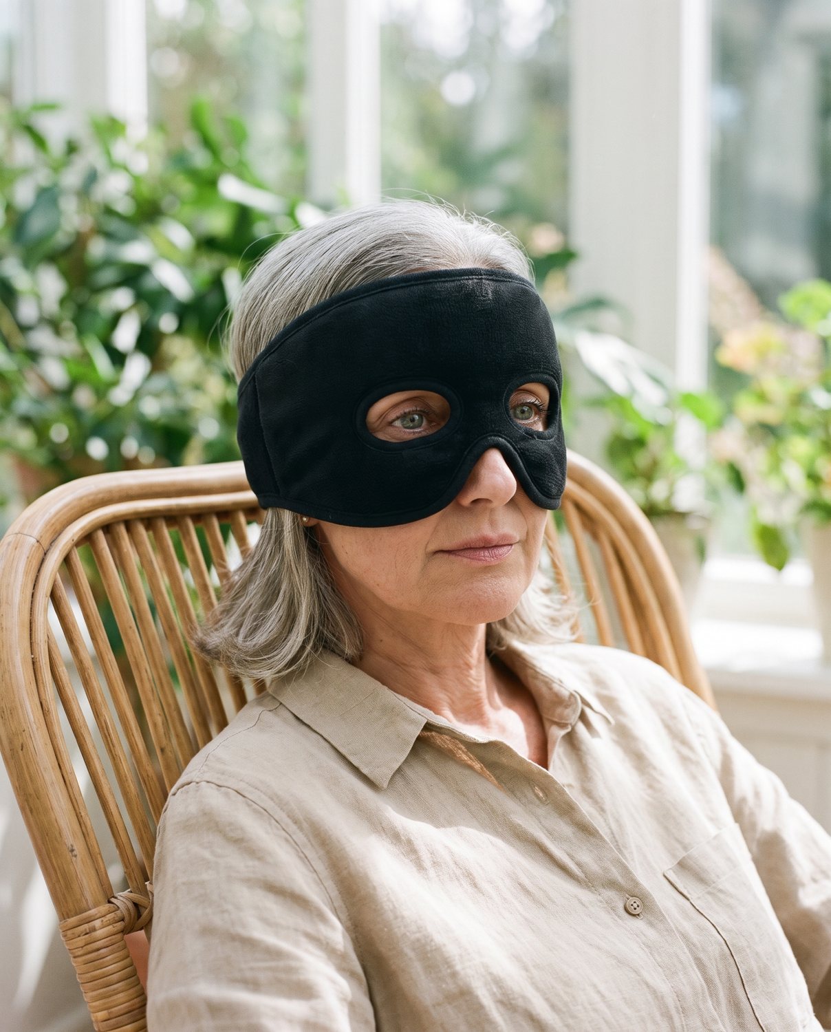 Wearing the heated sinus mask in a sunroom, eyes open through the cut-outs